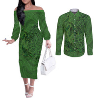 Hawaiian Whales Polynesian Art Motifs Couples Matching Off The Shoulder Long Sleeve Dress and Long Sleeve Button Shirt Green Color LT03 Green - Polynesian Pride
