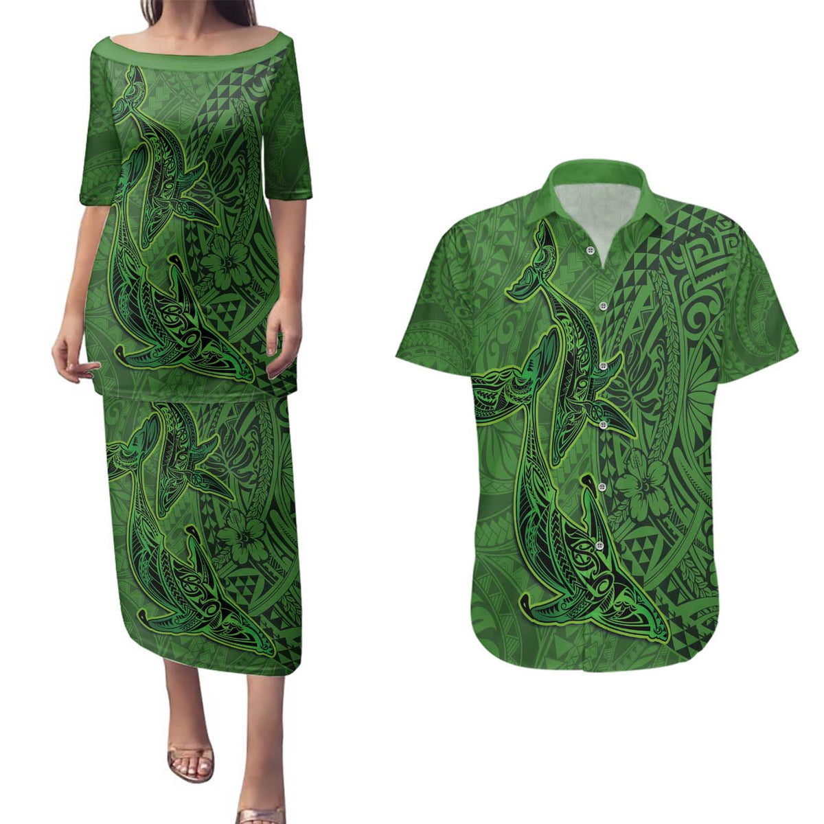 Hawaiian Whales Polynesian Art Motifs Couples Matching Puletasi and Hawaiian Shirt Green Color LT03 Green - Polynesian Pride