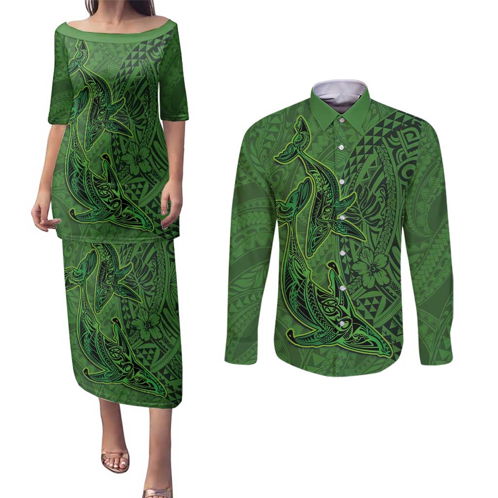 Hawaiian Whales Polynesian Art Motifs Couples Matching Puletasi and Long Sleeve Button Shirt Green Color LT03 Green - Polynesian Pride