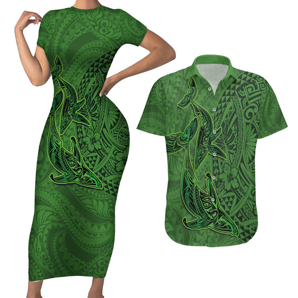 Hawaiian Whales Polynesian Art Motifs Couples Matching Short Sleeve Bodycon Dress and Hawaiian Shirt Green Color LT03 Green - Polynesian Pride
