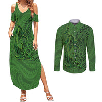 Hawaiian Whales Polynesian Art Motifs Couples Matching Summer Maxi Dress and Long Sleeve Button Shirt Green Color LT03 Green - Polynesian Pride
