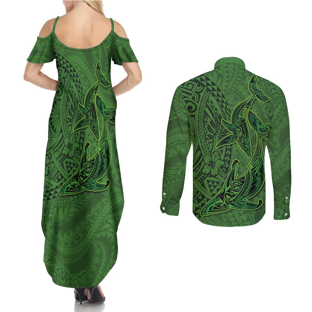 Hawaiian Whales Polynesian Art Motifs Couples Matching Summer Maxi Dress and Long Sleeve Button Shirt Green Color LT03 - Polynesian Pride