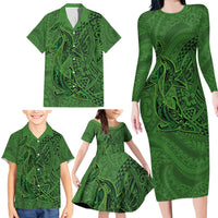 Hawaiian Whales Polynesian Art Motifs Family Matching Long Sleeve Bodycon Dress and Hawaiian Shirt Green Color LT03 - Polynesian Pride