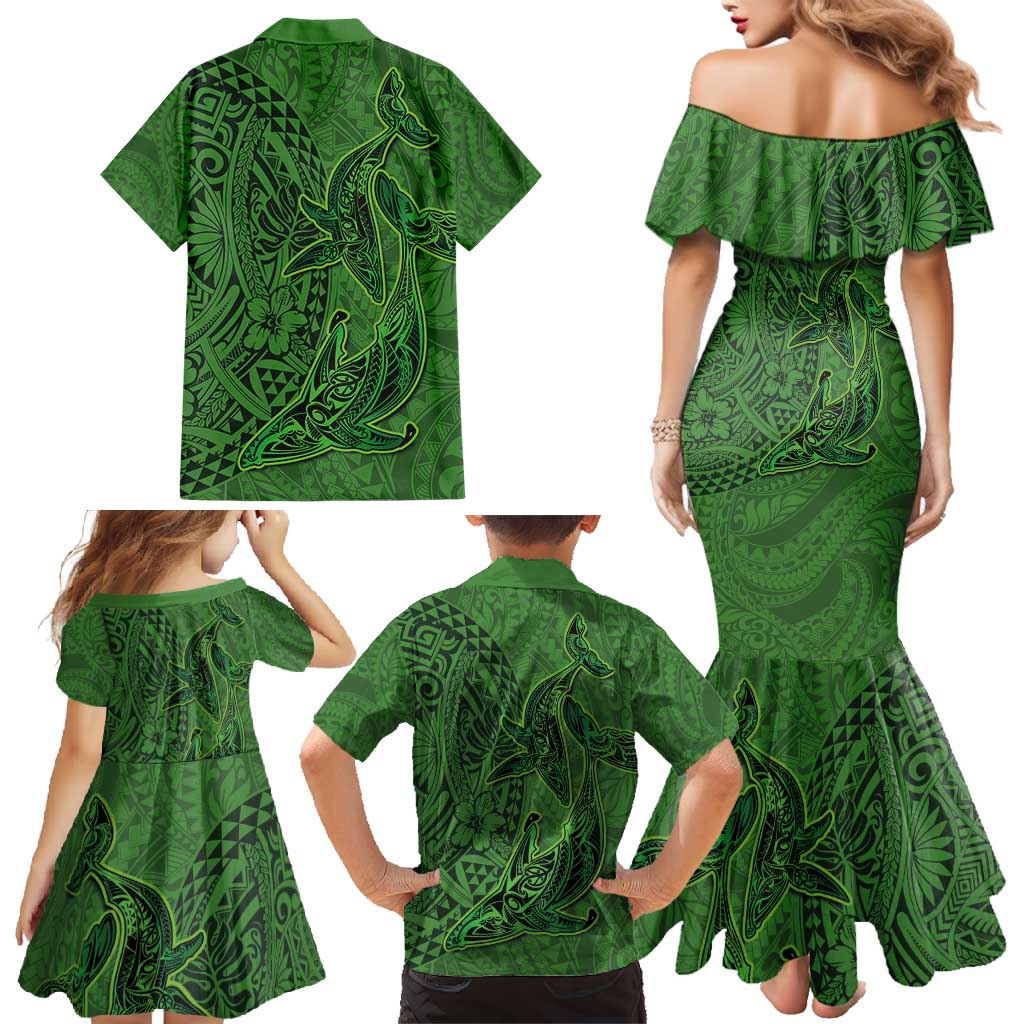 Hawaiian Whales Polynesian Art Motifs Family Matching Mermaid Dress and Hawaiian Shirt Green Color LT03 - Polynesian Pride