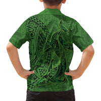 Hawaiian Whales Polynesian Art Motifs Family Matching Off The Shoulder Long Sleeve Dress and Hawaiian Shirt Green Color LT03 - Polynesian Pride