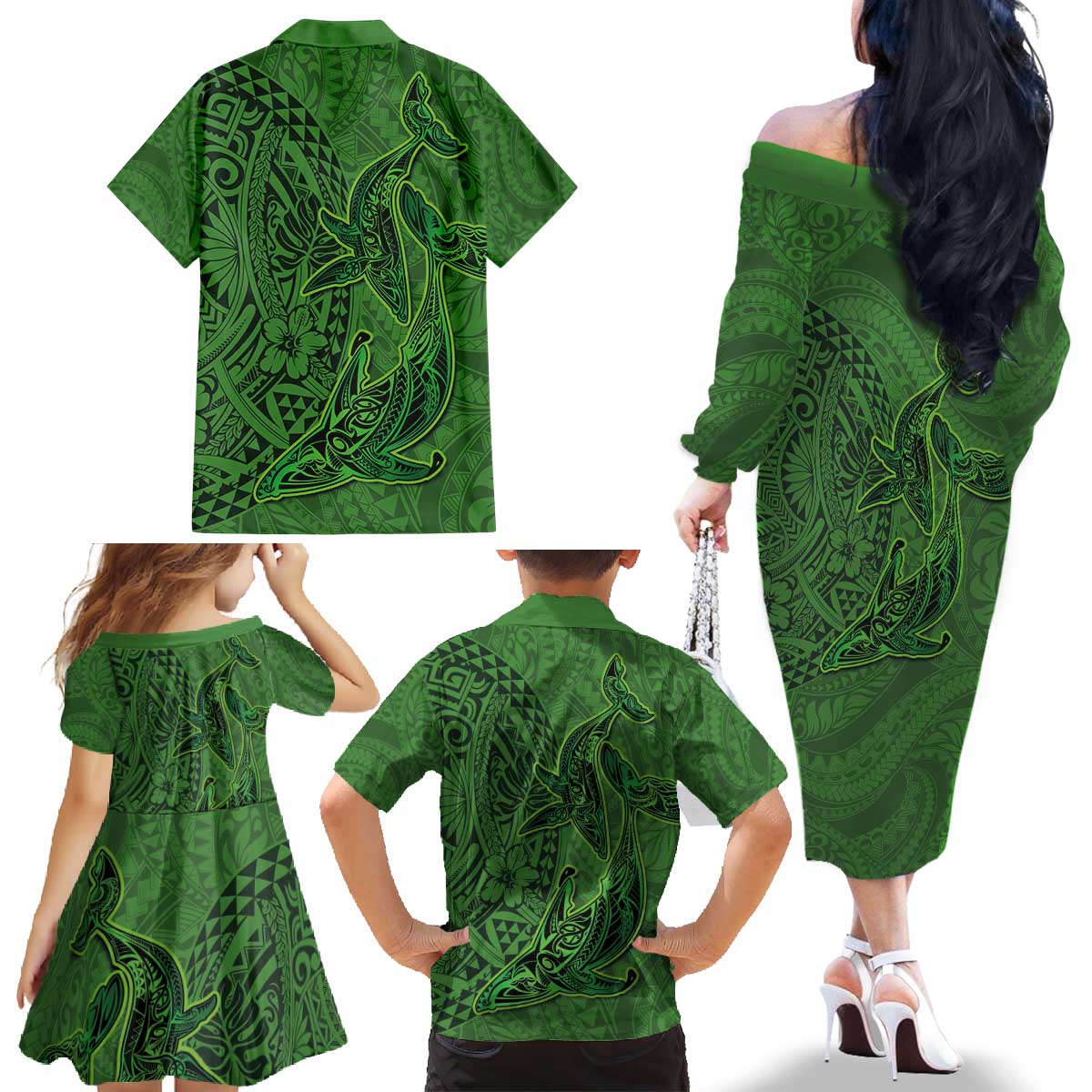 Hawaiian Whales Polynesian Art Motifs Family Matching Off The Shoulder Long Sleeve Dress and Hawaiian Shirt Green Color LT03 - Polynesian Pride