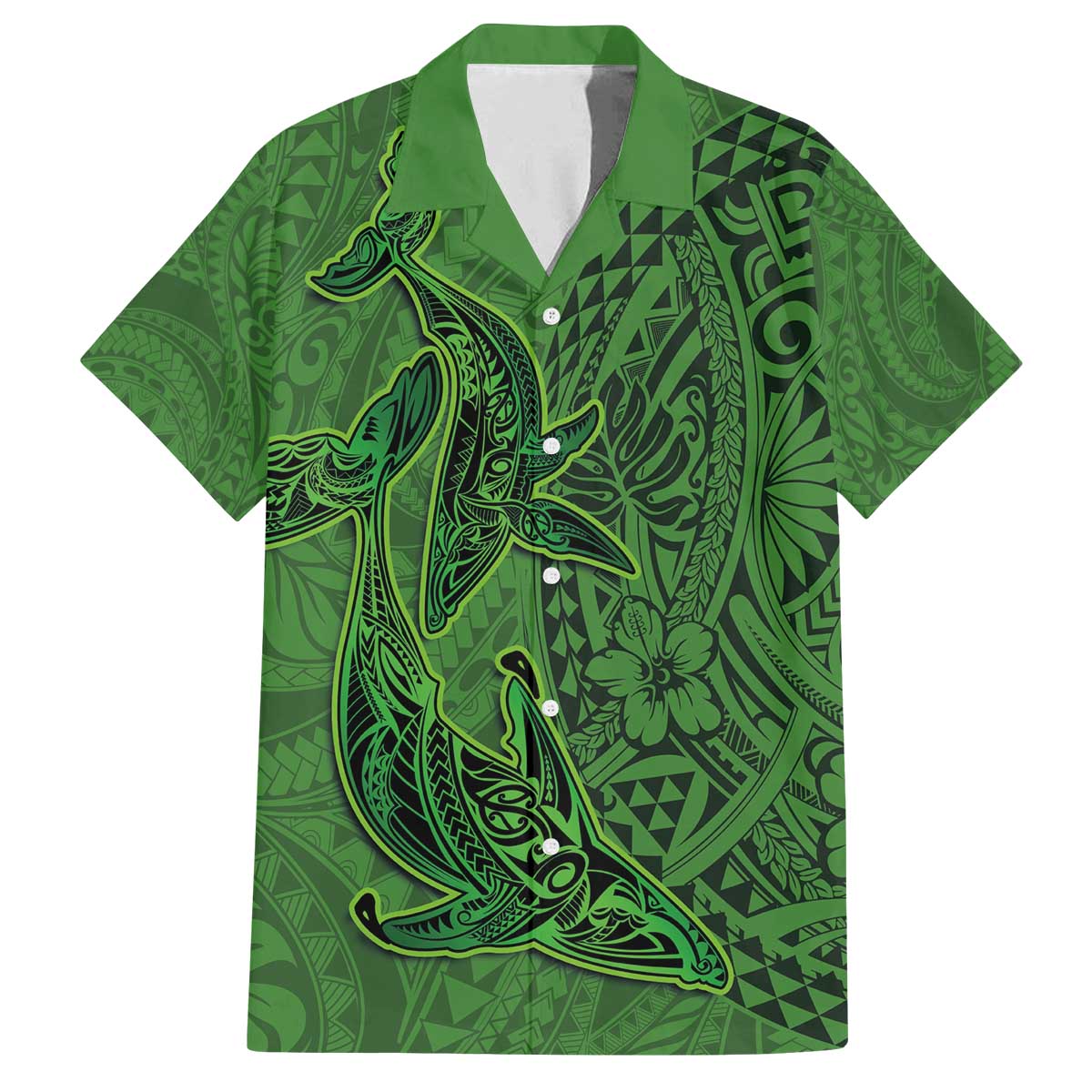Hawaiian Whales Polynesian Art Motifs Family Matching Off The Shoulder Long Sleeve Dress and Hawaiian Shirt Green Color LT03 Dad's Shirt - Short Sleeve Green - Polynesian Pride