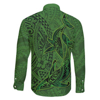 Hawaiian Whales Polynesian Art Motifs Family Matching Off The Shoulder Long Sleeve Dress and Hawaiian Shirt Green Color LT03 - Polynesian Pride