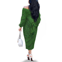 Hawaiian Whales Polynesian Art Motifs Family Matching Off The Shoulder Long Sleeve Dress and Hawaiian Shirt Green Color LT03 - Polynesian Pride