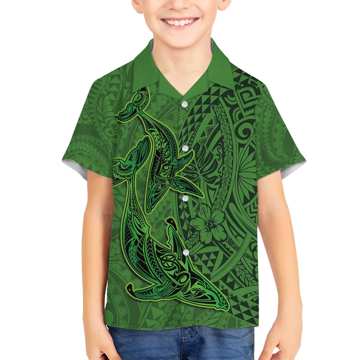 Hawaiian Whales Polynesian Art Motifs Family Matching Off The Shoulder Long Sleeve Dress and Hawaiian Shirt Green Color LT03 Son's Shirt Green - Polynesian Pride
