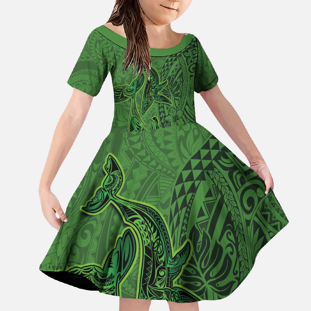 Hawaiian Whales Polynesian Art Motifs Family Matching Off Shoulder Maxi Dress and Hawaiian Shirt Green Color LT03 Daughter's Dress Green - Polynesian Pride