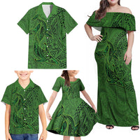 Hawaiian Whales Polynesian Art Motifs Family Matching Off Shoulder Maxi Dress and Hawaiian Shirt Green Color LT03 - Polynesian Pride