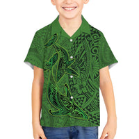 Hawaiian Whales Polynesian Art Motifs Family Matching Off Shoulder Maxi Dress and Hawaiian Shirt Green Color LT03 Son's Shirt Green - Polynesian Pride