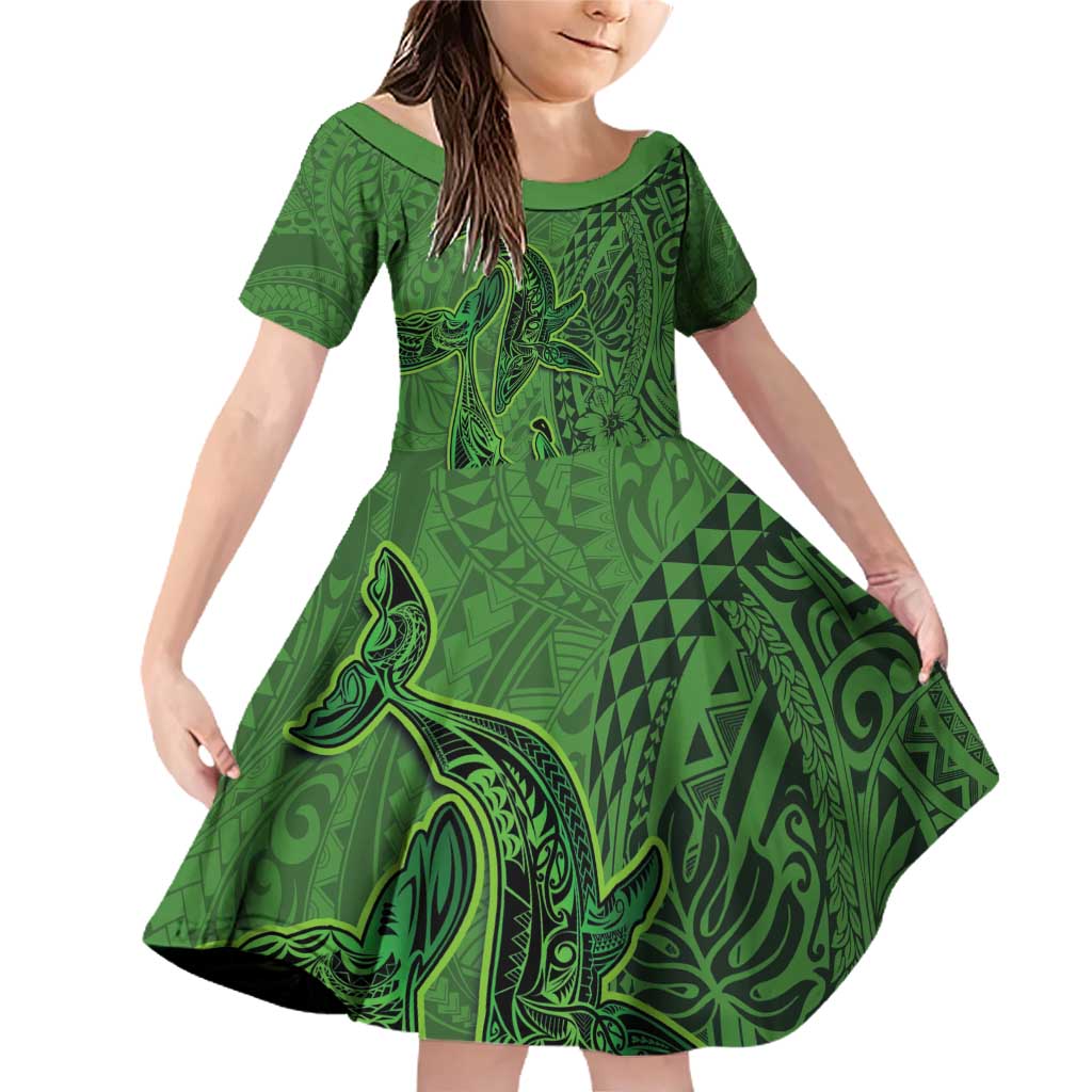 Hawaiian Whales Polynesian Art Motifs Family Matching Off Shoulder Short Dress and Hawaiian Shirt Green Color LT03 Daughter's Dress Green - Polynesian Pride