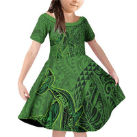 Hawaiian Whales Polynesian Art Motifs Family Matching Off Shoulder Short Dress and Hawaiian Shirt Green Color LT03 Daughter's Dress Green - Polynesian Pride