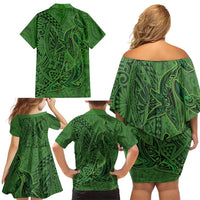 Hawaiian Whales Polynesian Art Motifs Family Matching Off Shoulder Short Dress and Hawaiian Shirt Green Color LT03 - Polynesian Pride