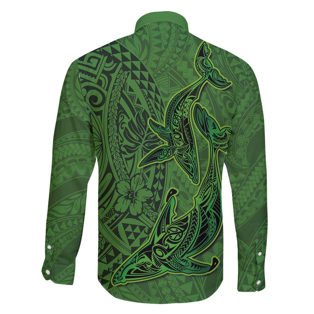Hawaiian Whales Polynesian Art Motifs Family Matching Off Shoulder Short Dress and Hawaiian Shirt Green Color LT03 - Polynesian Pride