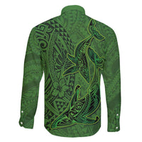 Hawaiian Whales Polynesian Art Motifs Family Matching Off Shoulder Short Dress and Hawaiian Shirt Green Color LT03 - Polynesian Pride