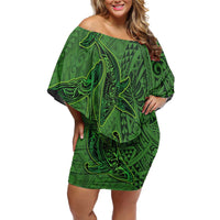 Hawaiian Whales Polynesian Art Motifs Family Matching Off Shoulder Short Dress and Hawaiian Shirt Green Color LT03 Mom's Dress Green - Polynesian Pride