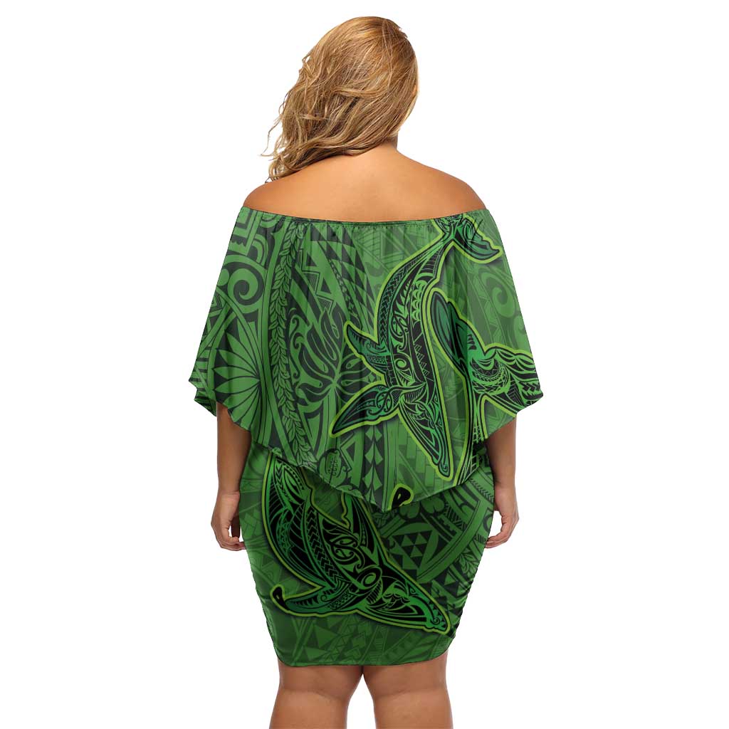 Hawaiian Whales Polynesian Art Motifs Family Matching Off Shoulder Short Dress and Hawaiian Shirt Green Color LT03 - Polynesian Pride
