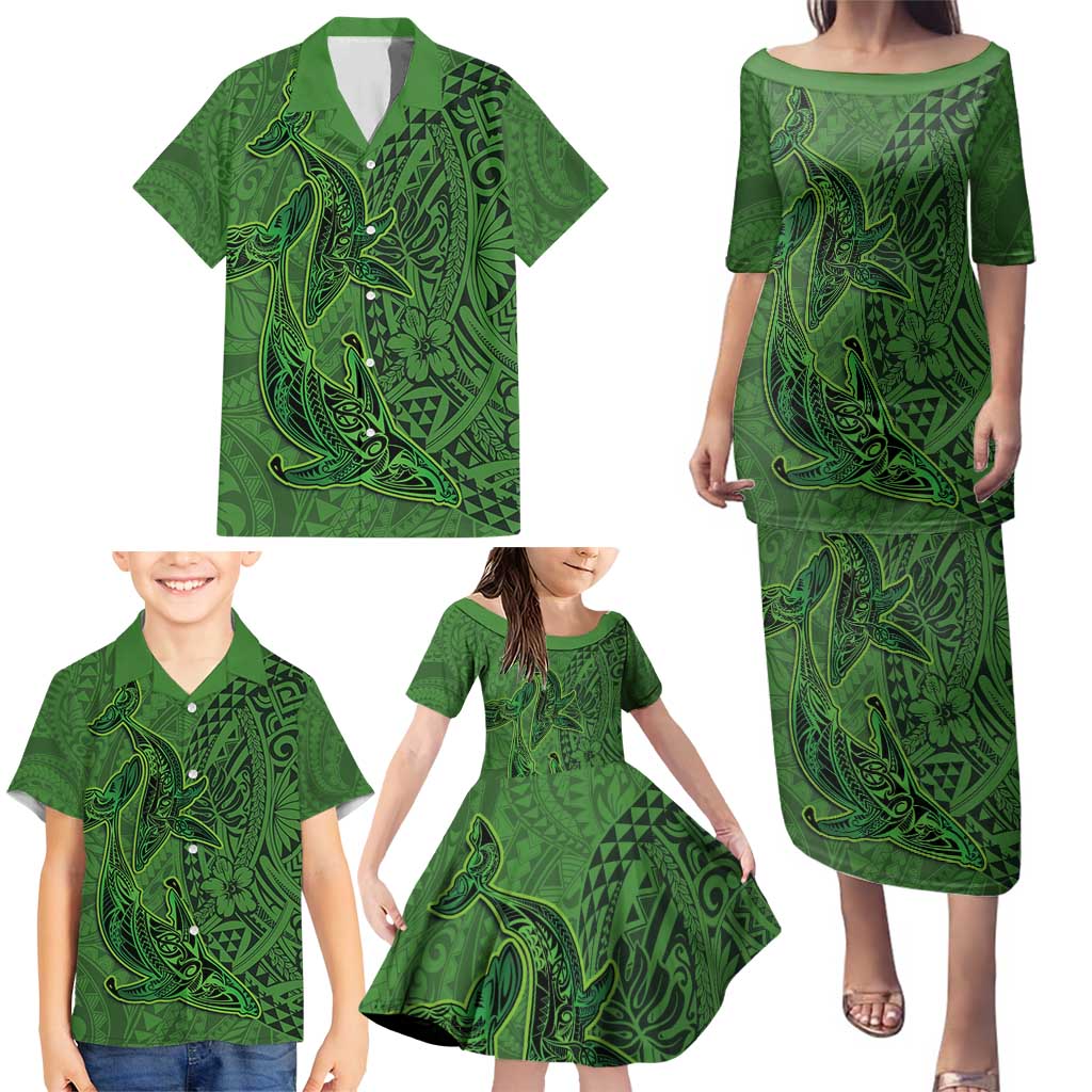 Hawaiian Whales Polynesian Art Motifs Family Matching Puletasi and Hawaiian Shirt Green Color LT03 - Polynesian Pride