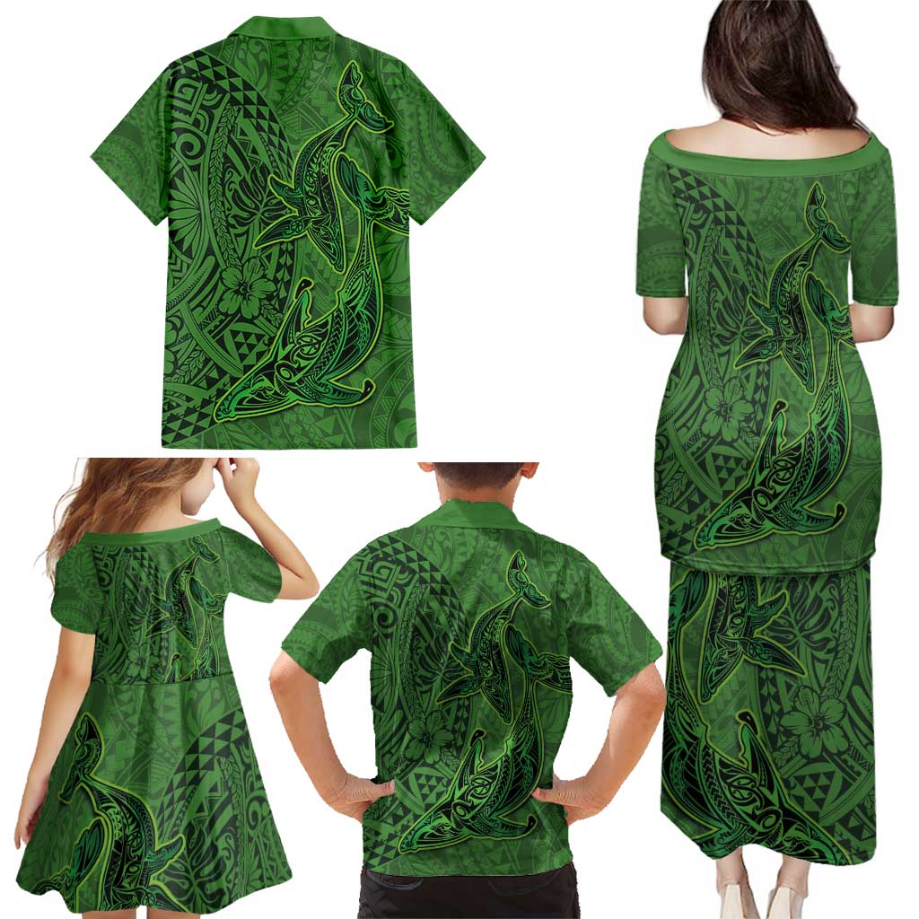 Hawaiian Whales Polynesian Art Motifs Family Matching Puletasi and Hawaiian Shirt Green Color LT03 - Polynesian Pride