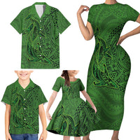 Hawaiian Whales Polynesian Art Motifs Family Matching Short Sleeve Bodycon Dress and Hawaiian Shirt Green Color LT03 - Polynesian Pride