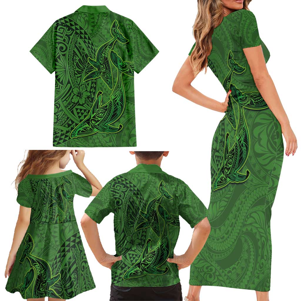 Hawaiian Whales Polynesian Art Motifs Family Matching Short Sleeve Bodycon Dress and Hawaiian Shirt Green Color LT03 - Polynesian Pride