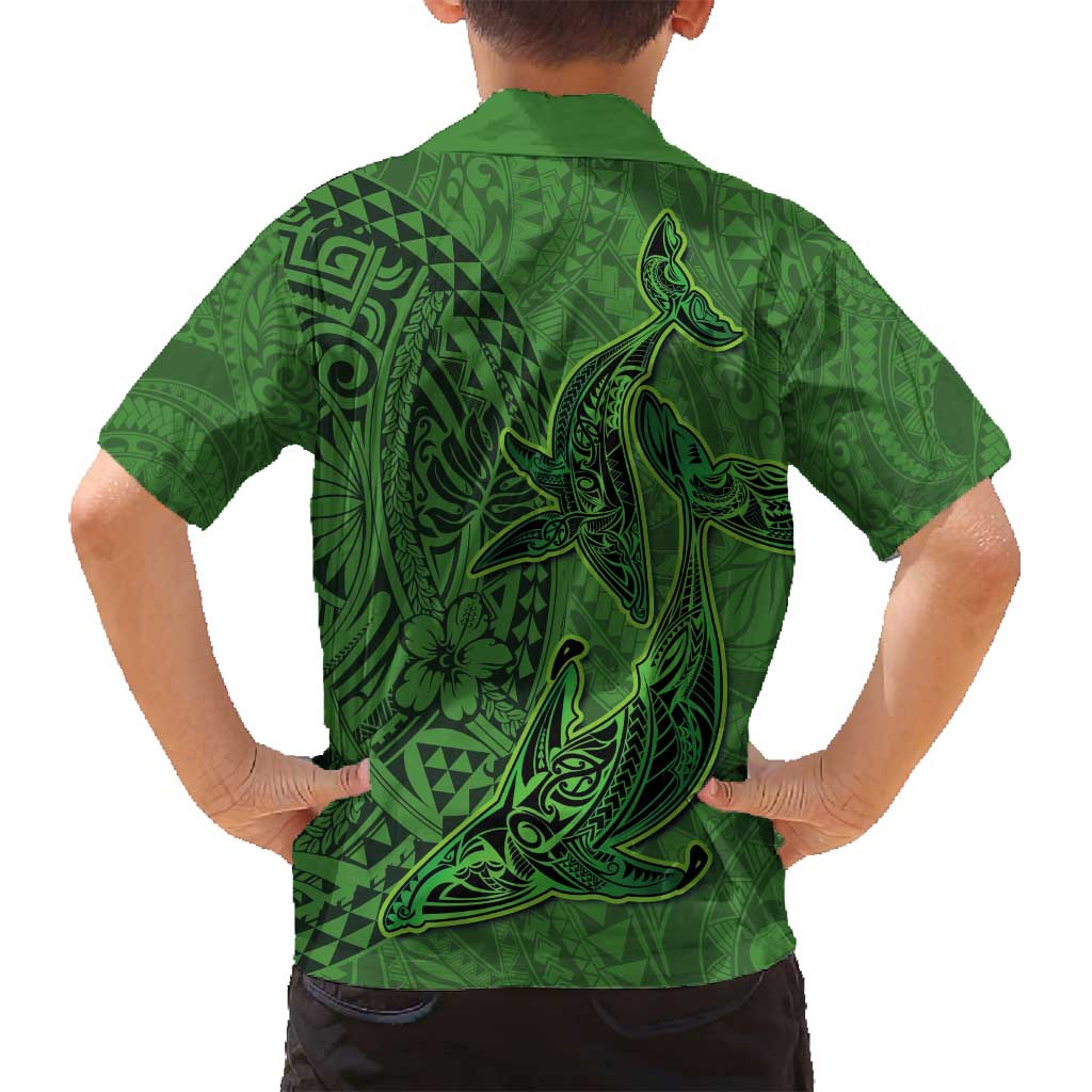 Hawaiian Whales Polynesian Art Motifs Family Matching Summer Maxi Dress and Hawaiian Shirt Green Color LT03 - Polynesian Pride