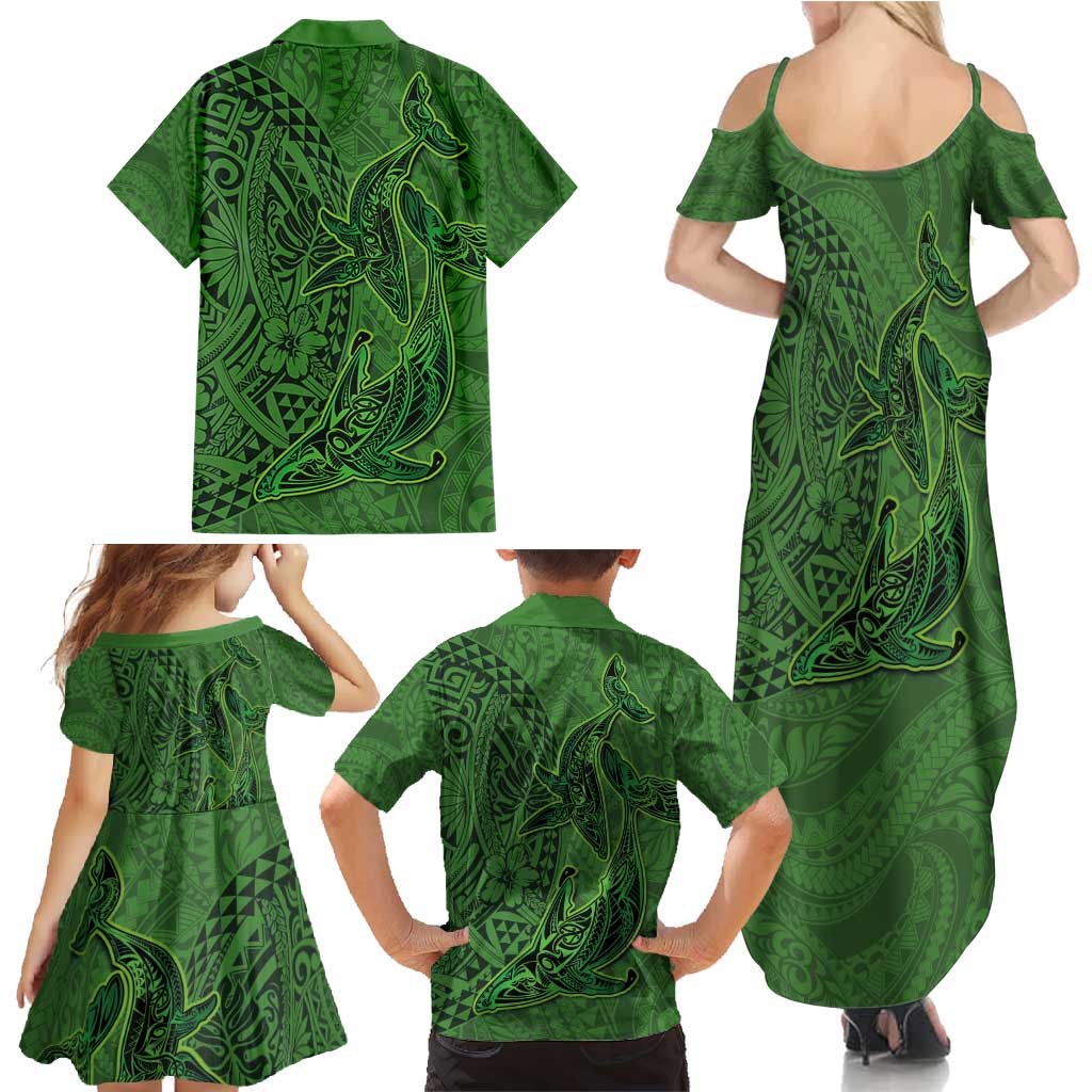 Hawaiian Whales Polynesian Art Motifs Family Matching Summer Maxi Dress and Hawaiian Shirt Green Color LT03 - Polynesian Pride