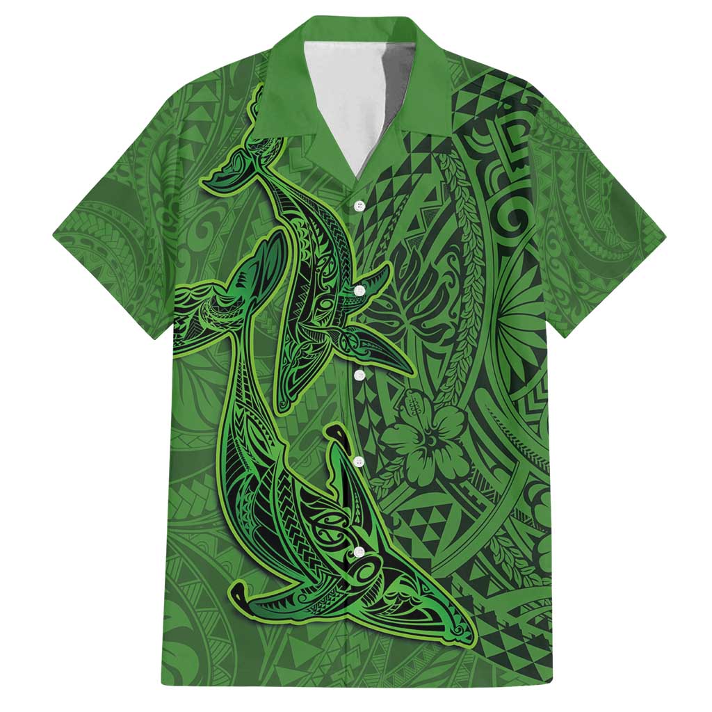 Hawaiian Whales Polynesian Art Motifs Family Matching Summer Maxi Dress and Hawaiian Shirt Green Color LT03 Dad's Shirt - Short Sleeve Green - Polynesian Pride