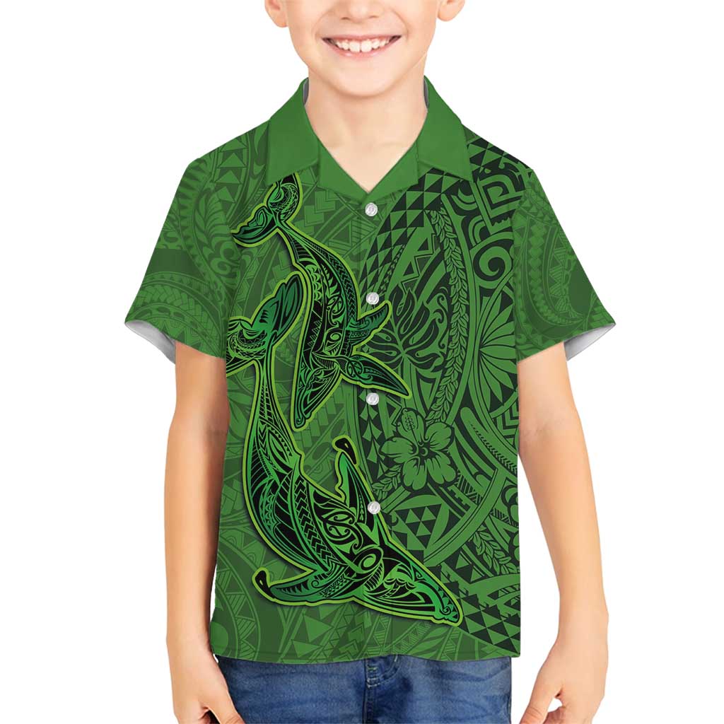 Hawaiian Whales Polynesian Art Motifs Family Matching Summer Maxi Dress and Hawaiian Shirt Green Color LT03 Son's Shirt Green - Polynesian Pride