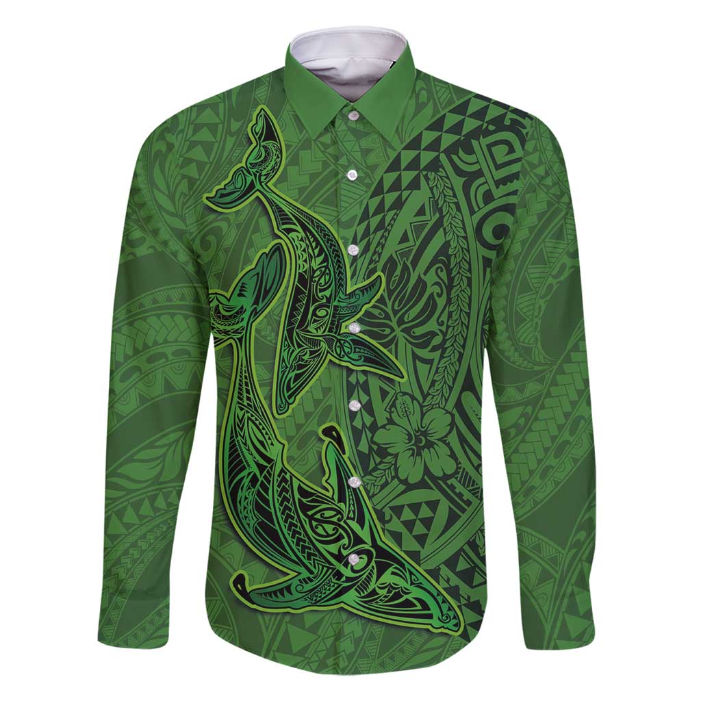Hawaiian Whales Polynesian Art Motifs Family Matching Tank Maxi Dress and Hawaiian Shirt Green Color LT03 Dad's Shirt - Long Sleeve Green - Polynesian Pride