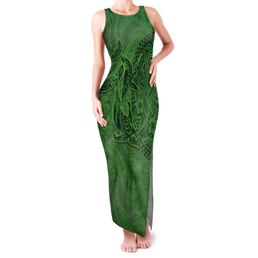 Hawaiian Whales Polynesian Art Motifs Family Matching Tank Maxi Dress and Hawaiian Shirt Green Color LT03 Mom's Dress Green - Polynesian Pride