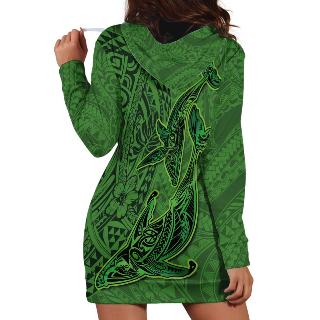 Hawaiian Whales Polynesian Art Motifs Hoodie Dress Green Color LT03 - Polynesian Pride