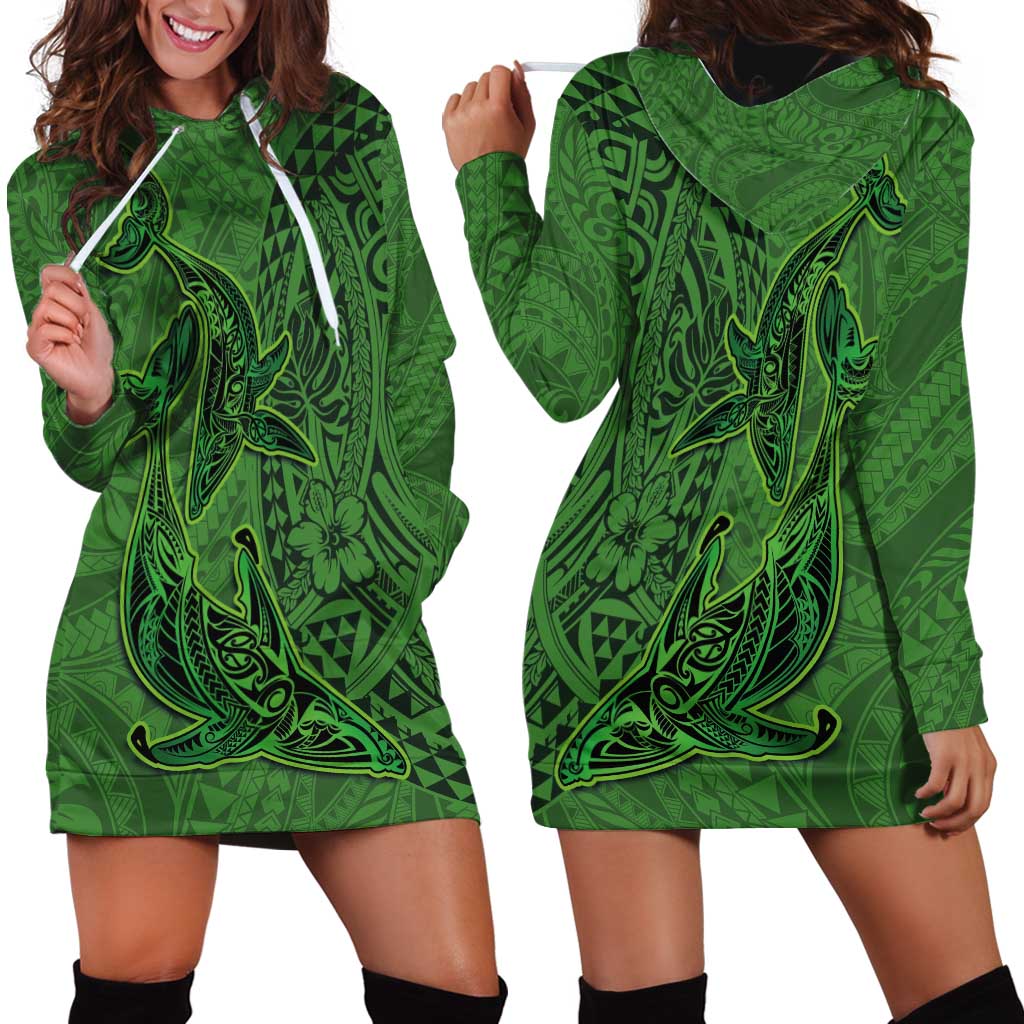 Hawaiian Whales Polynesian Art Motifs Hoodie Dress Green Color LT03 - Polynesian Pride