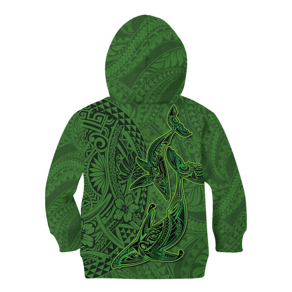 Hawaiian Whales Polynesian Art Motifs Kid Hoodie Green Color - Polynesian Pride