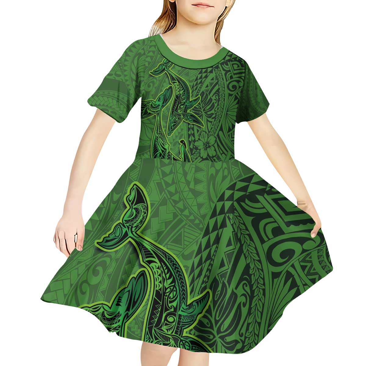 Hawaiian Whales Polynesian Art Motifs Kid Short Sleeve Dress Green Color LT03 - Polynesian Pride