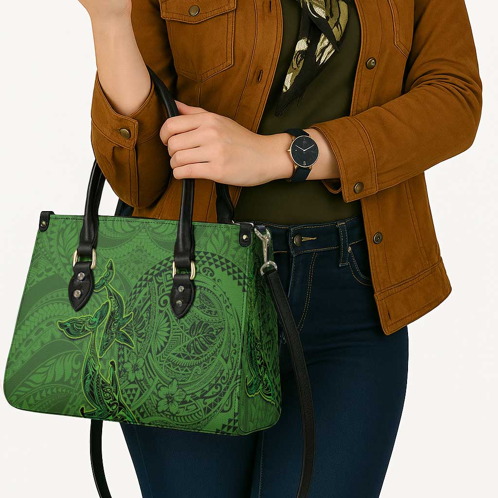 Hawaiian Whales Polynesian Art Motifs Leather Bag Green Color - Polynesian Pride