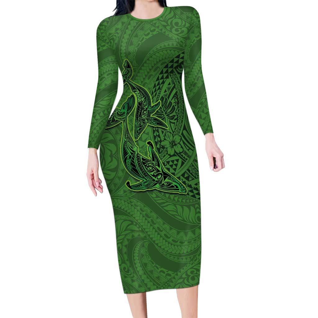 Hawaiian Whales Polynesian Art Motifs Long Sleeve Bodycon Dress Green Color LT03 Long Dress Green - Polynesian Pride