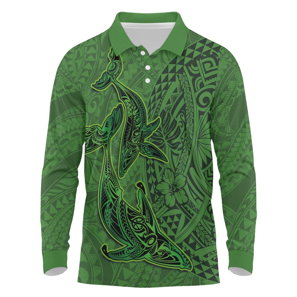 Hawaiian Whales Polynesian Art Motifs Long Sleeve Polo Shirt Green Color LT03 Green - Polynesian Pride