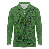 Hawaiian Whales Polynesian Art Motifs Long Sleeve Polo Shirt Green Color LT03 Green - Polynesian Pride