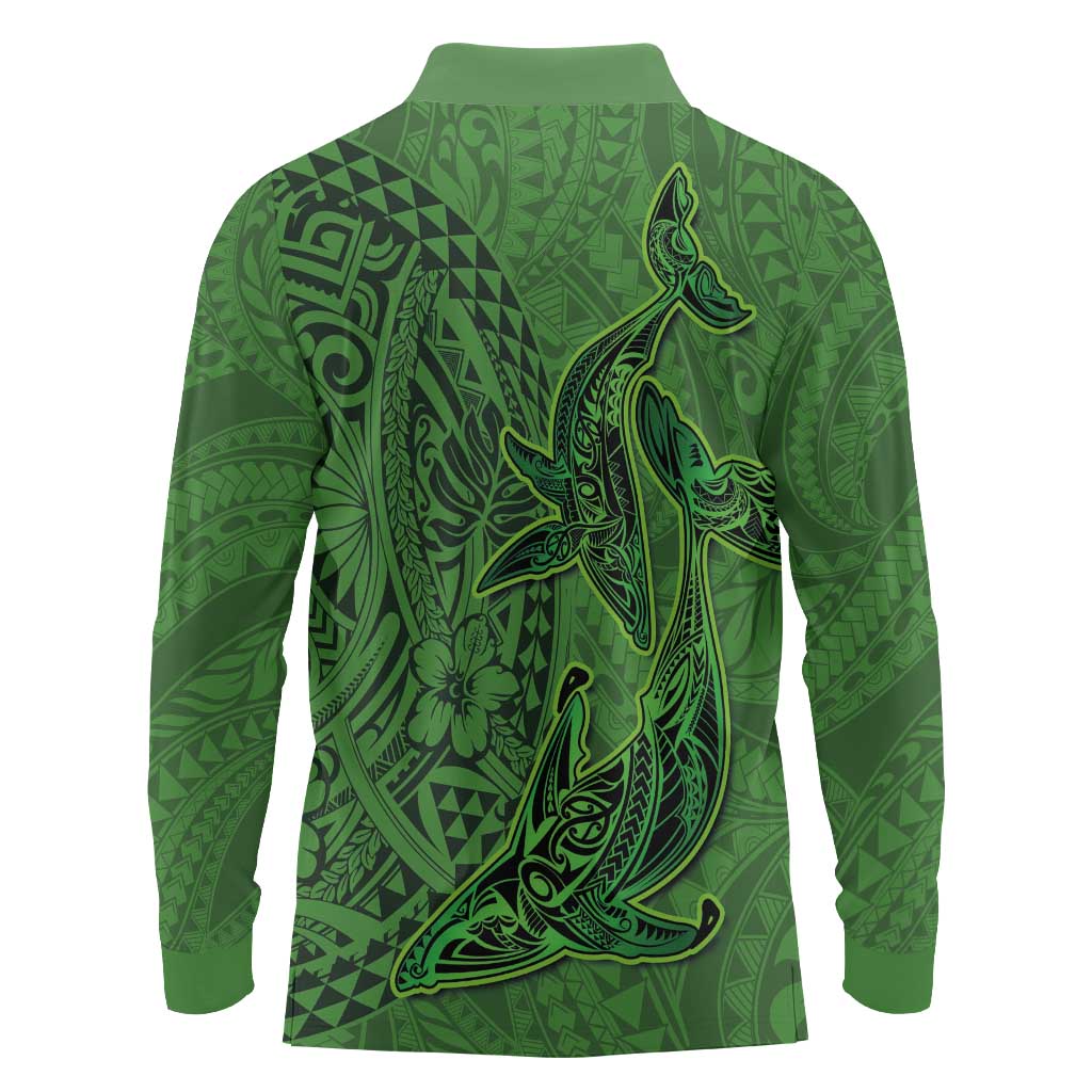 Hawaiian Whales Polynesian Art Motifs Long Sleeve Polo Shirt Green Color LT03 - Polynesian Pride