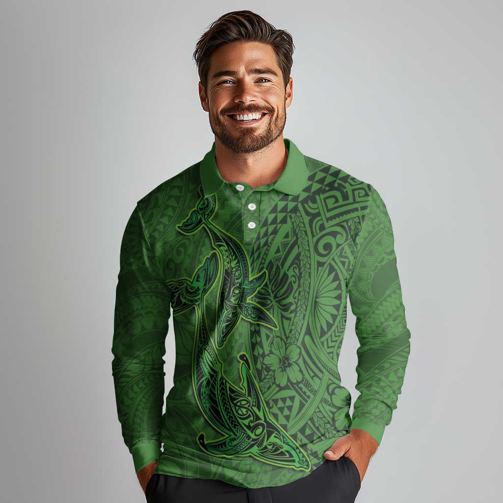 Hawaiian Whales Polynesian Art Motifs Long Sleeve Polo Shirt Green Color LT03 - Polynesian Pride