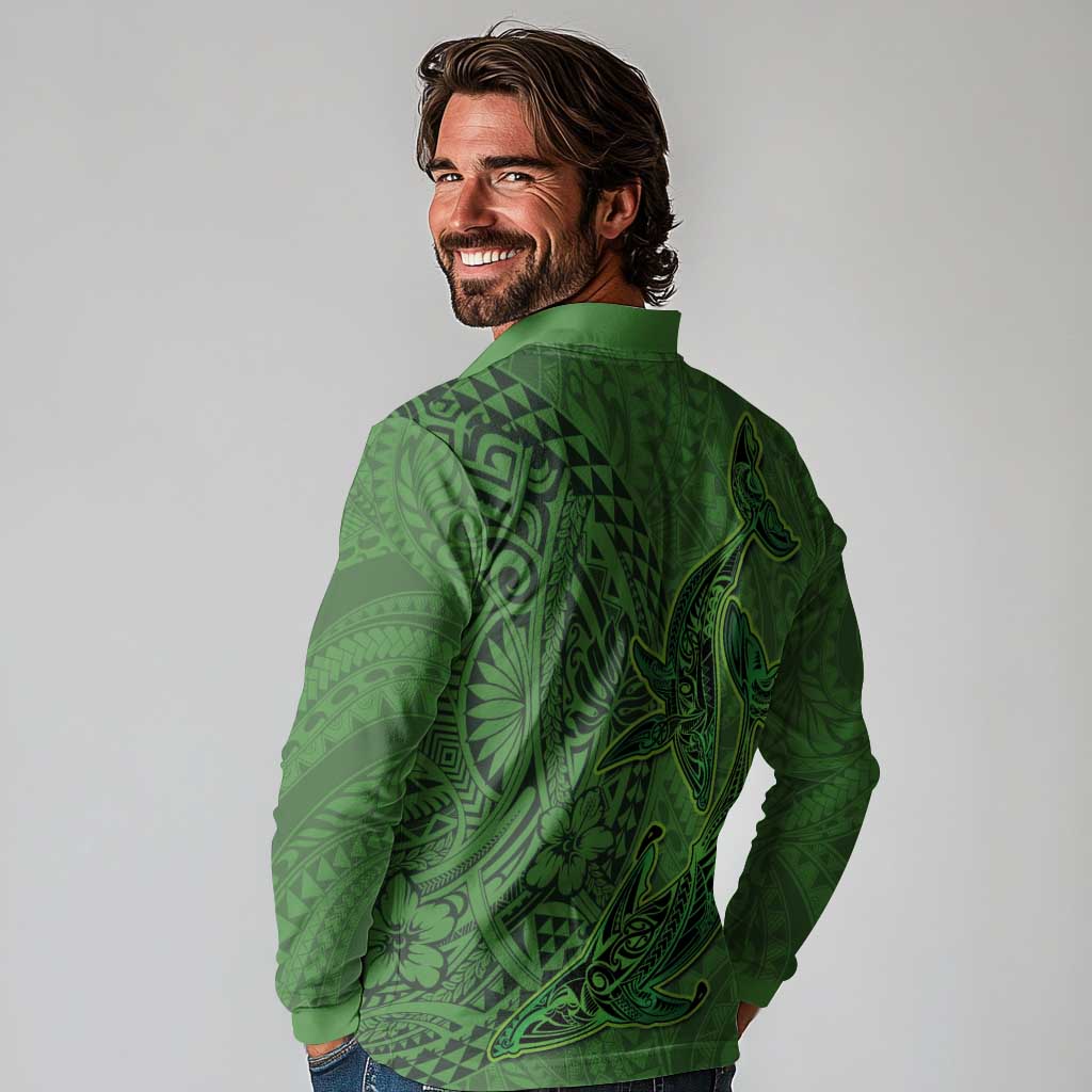 Hawaiian Whales Polynesian Art Motifs Long Sleeve Polo Shirt Green Color LT03 - Polynesian Pride