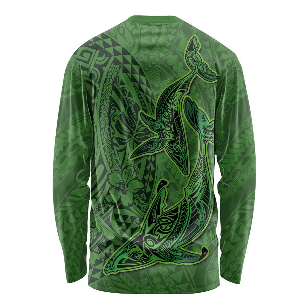 Hawaiian Whales Polynesian Art Motifs Long Sleeve Shirt Green Color LT03 - Polynesian Pride