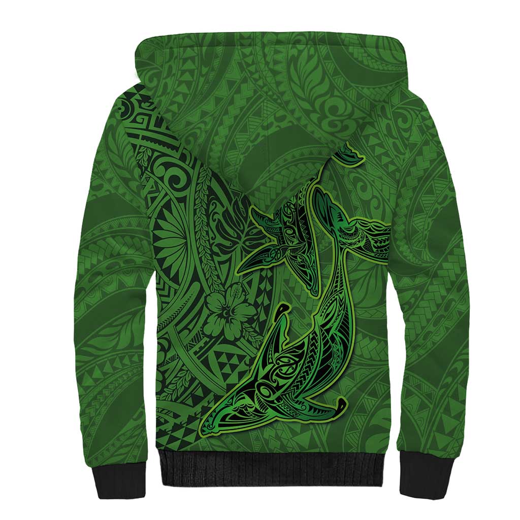 Hawaiian Whales Polynesian Art Motifs Sherpa Hoodie Green Color LT03 - Polynesian Pride