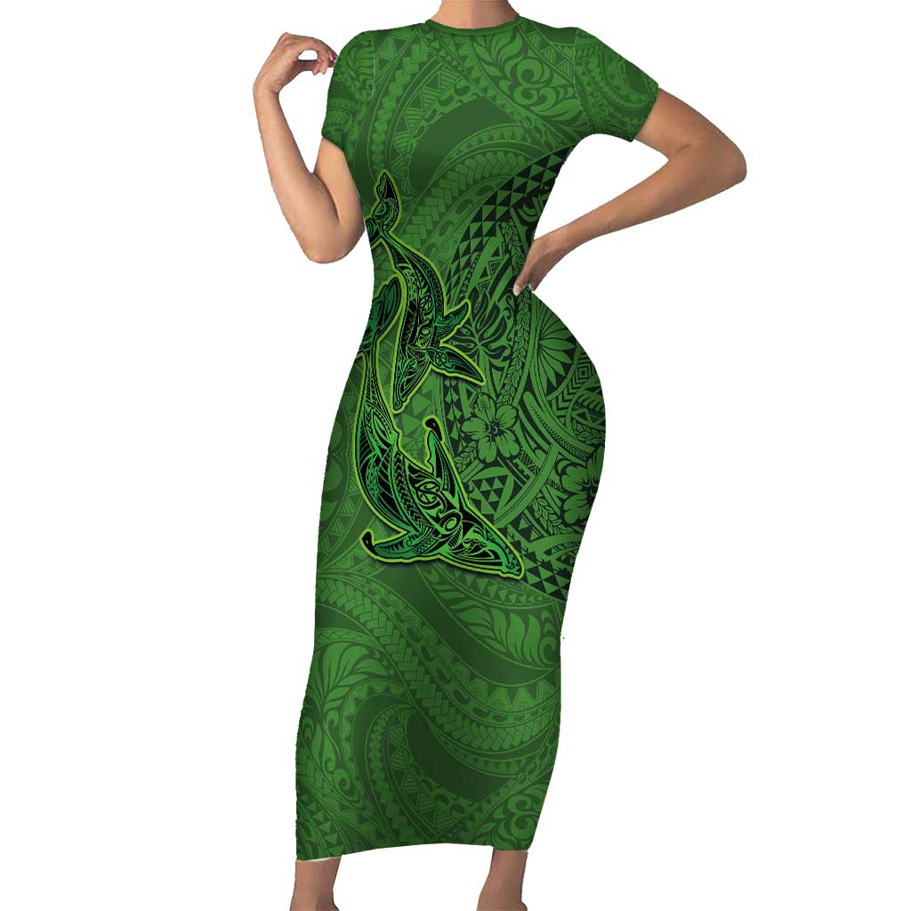 Hawaiian Whales Polynesian Art Motifs Short Sleeve Bodycon Dress Green Color LT03 Long Dress Green - Polynesian Pride