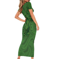 Hawaiian Whales Polynesian Art Motifs Short Sleeve Bodycon Dress Green Color LT03 - Polynesian Pride