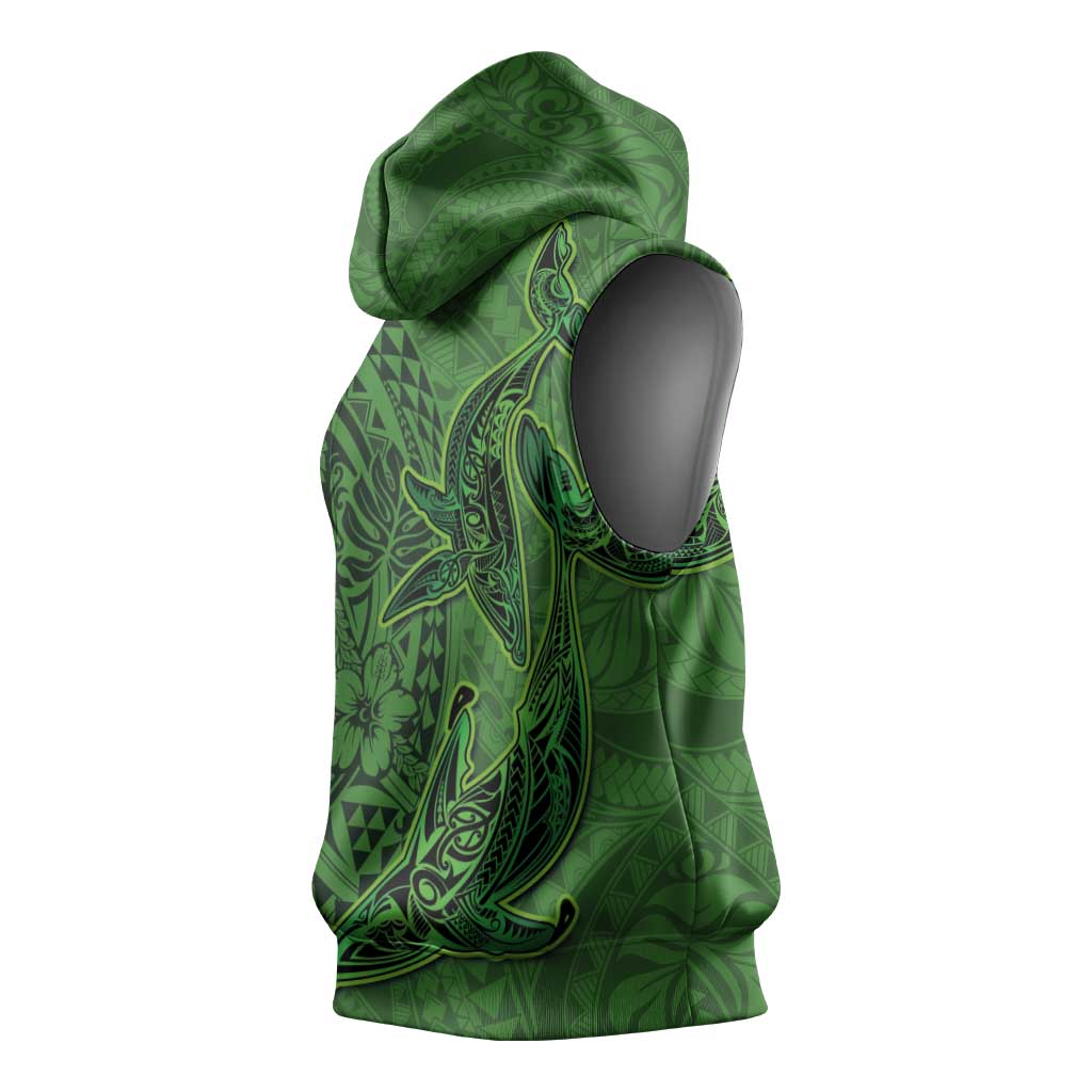 Hawaiian Whales Polynesian Art Motifs Sleeveless Hoodie Green Color LT03 - Polynesian Pride